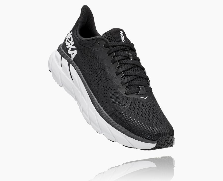 Hoka One One Womens Running Shoes - Clifton 7 - Black/White - BRXK84170